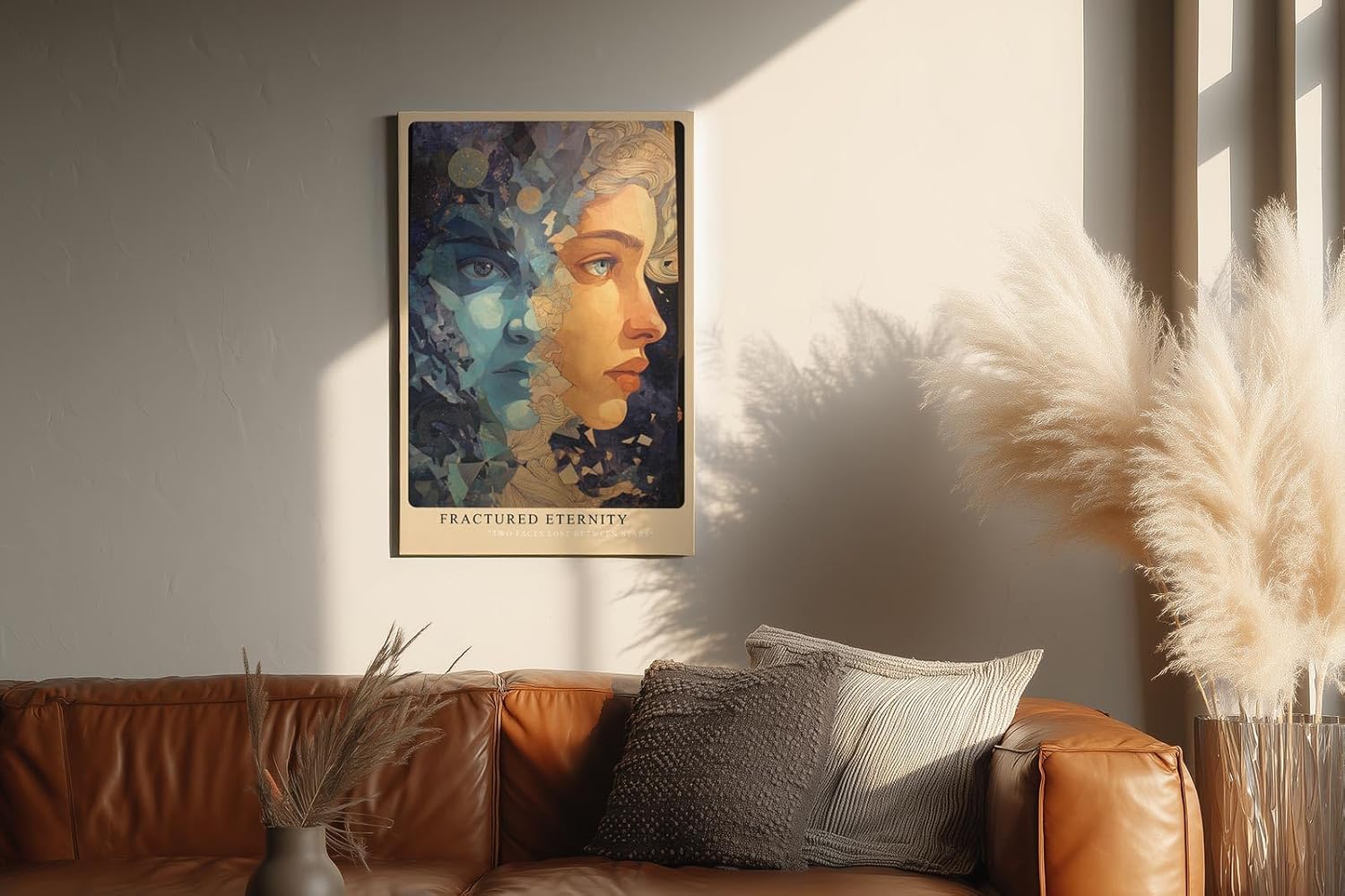 Paul Sinus Wandbild in 40x60cm Fractured Eternity abstraktes Porträt zweier Gesichter in Blauund Hauttönen mit kosmischen Elementen