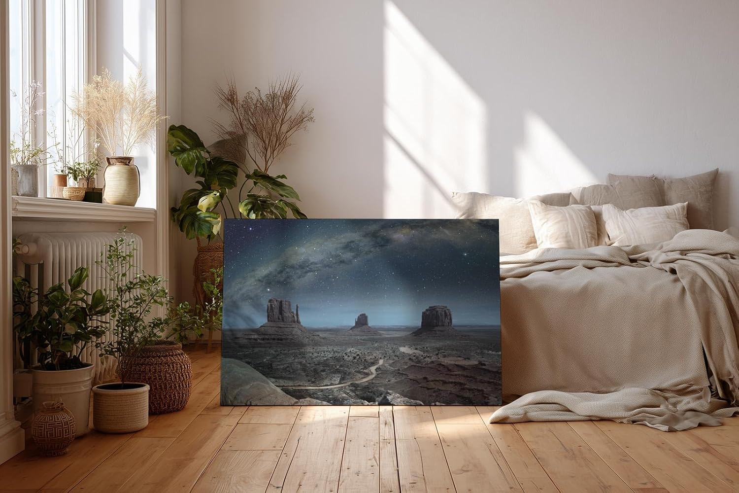 Sinus Art Wandbild 120x80cm Faszinierende Landschaft mit ikonischen Felsformationen unter der Milchstraße
