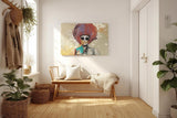 Sinus Art Wandbild 120x80cm Ausdrucksstarke Darstellung einer Frau mit auffälliger Typografie und Farbspritzern