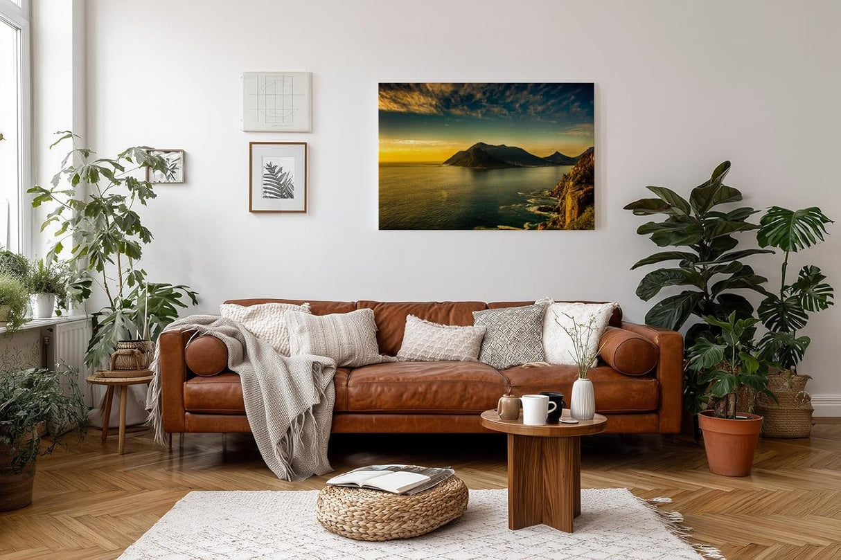 Sinus Art Wandbild 120x80cm Dramatisches Küstenpanorama bei Sonnenuntergang – ruhig, weit und eindrucksvoll