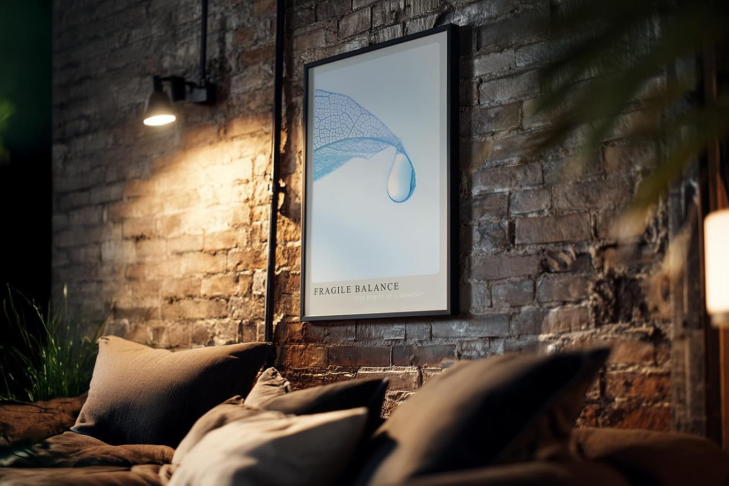 Paul Sinus Kunstdruck 40x60cm Fragile Balance – transparente Struktur mit Wassertropfen auf zartem Blatt in Hellblau