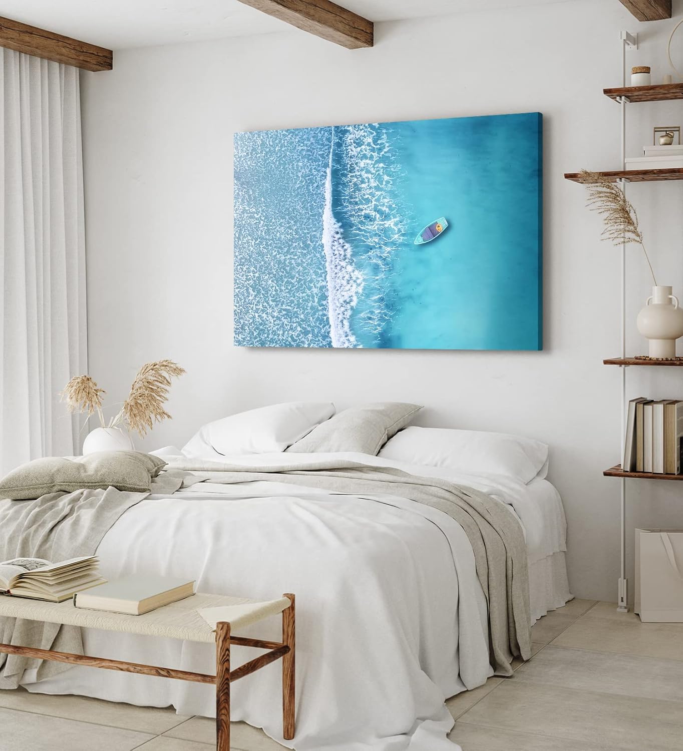 Paul Sinus Wandbild 120x80cm Luftaufnahme Strand Boot Blau Meer Wellen Vogelperspektive