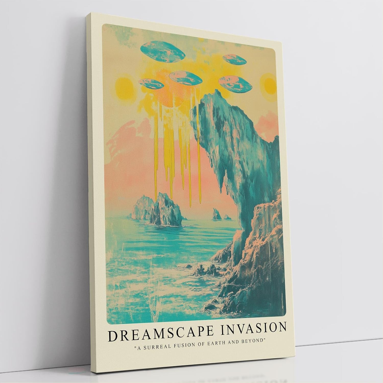 Paul Sinus Leinwandbild 40x60cm Leinwandbild Traumlandschaft-Invasion – Surreale Landschaft mit schwebenden Objekten, abstrakte Farbwelten