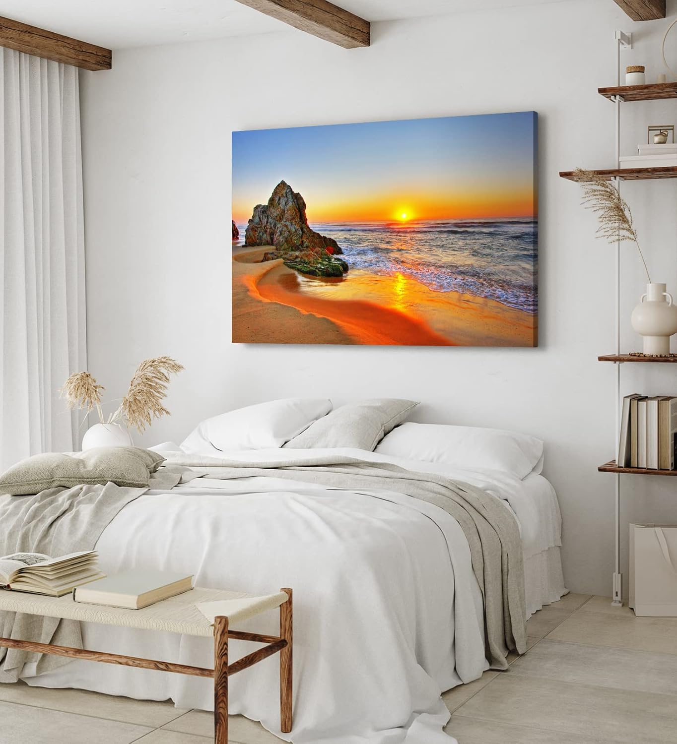 Paul Sinus Wandbild 120x80cm Sonnenuntergang Abendröte Fels Strand Meer Horizont Romantisch