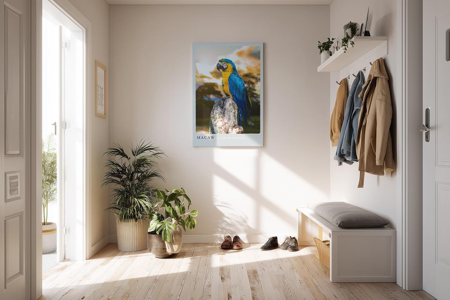 Paul Sinus Kunstdruck 40x60cm Macaw Ara auf Baumstumpf vor Dschungelhintergrund bei Sonnenuntergang