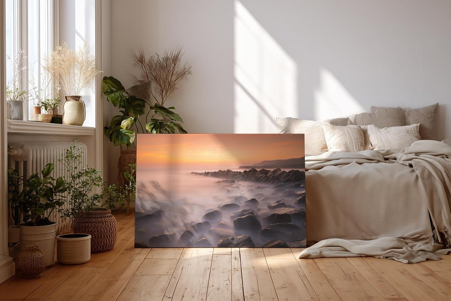 Sinus Art Wandbild 120x80cm Vernebelte Felsküste mit warmem Sonnenlicht – beruhigend und ästhetisch
