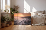 Sinus Art Wandbild 120x80cm Vernebelte Felsküste mit warmem Sonnenlicht – beruhigend und ästhetisch