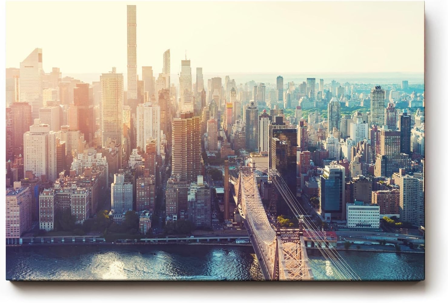 Sinus Art Wandbild 120x80cm Stimmungsvolle Stadtsilhouette mit Brooklyn Bridge und Sonnenlicht über Manhattan