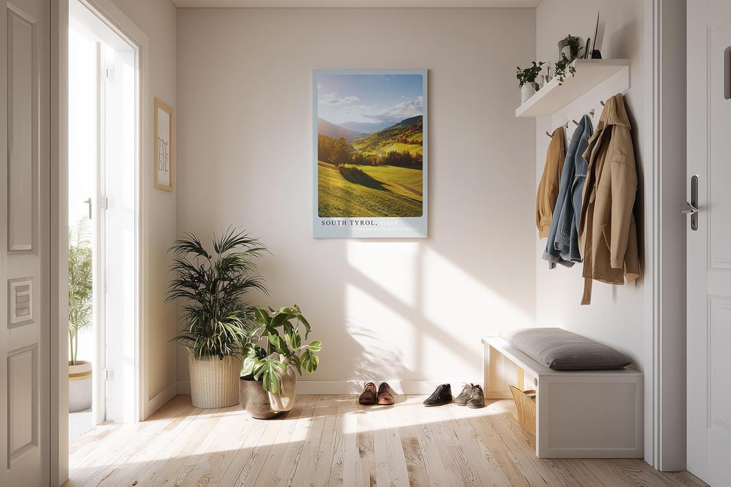 Paul Sinus Kunstdruck 40x60cm Südtirol Italien – sonnige Hügellandschaft mit goldenen Wiesen und herbstlicher Tiefe