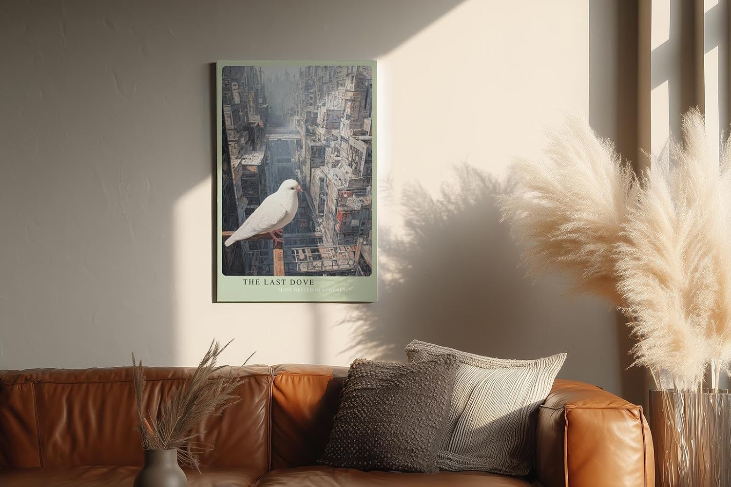 Paul Sinus Wandbild in 40x60cm The Last Dove – Weiße Taube in futuristischer Stadtlandschaft