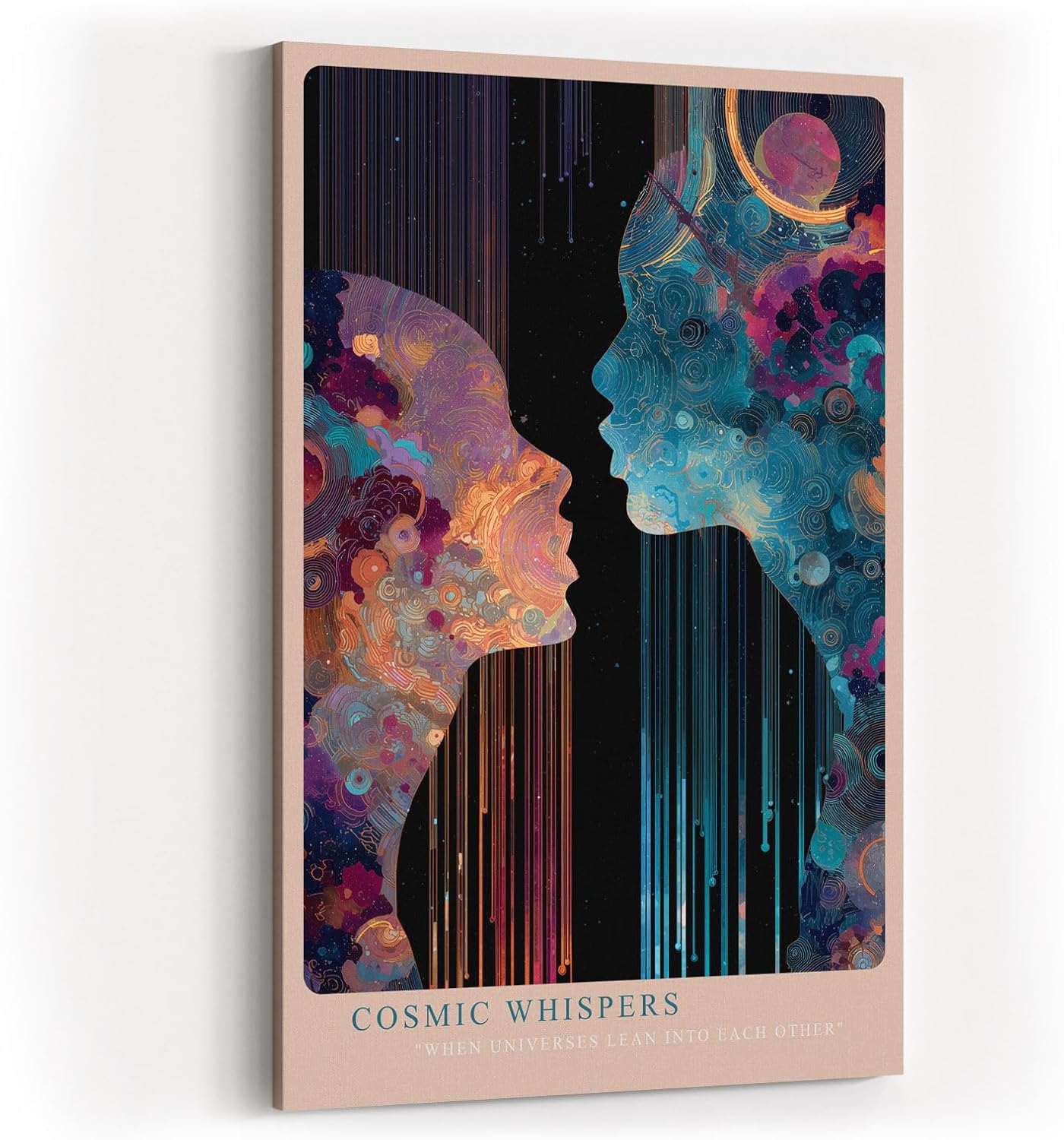 Paul Sinus Wandbild in 40x60cm Cosmic Whispers – zwei Silhouetten im Dialog aus farbenreichen, kosmischen Mustern, moderne Kunst mit Tiefe