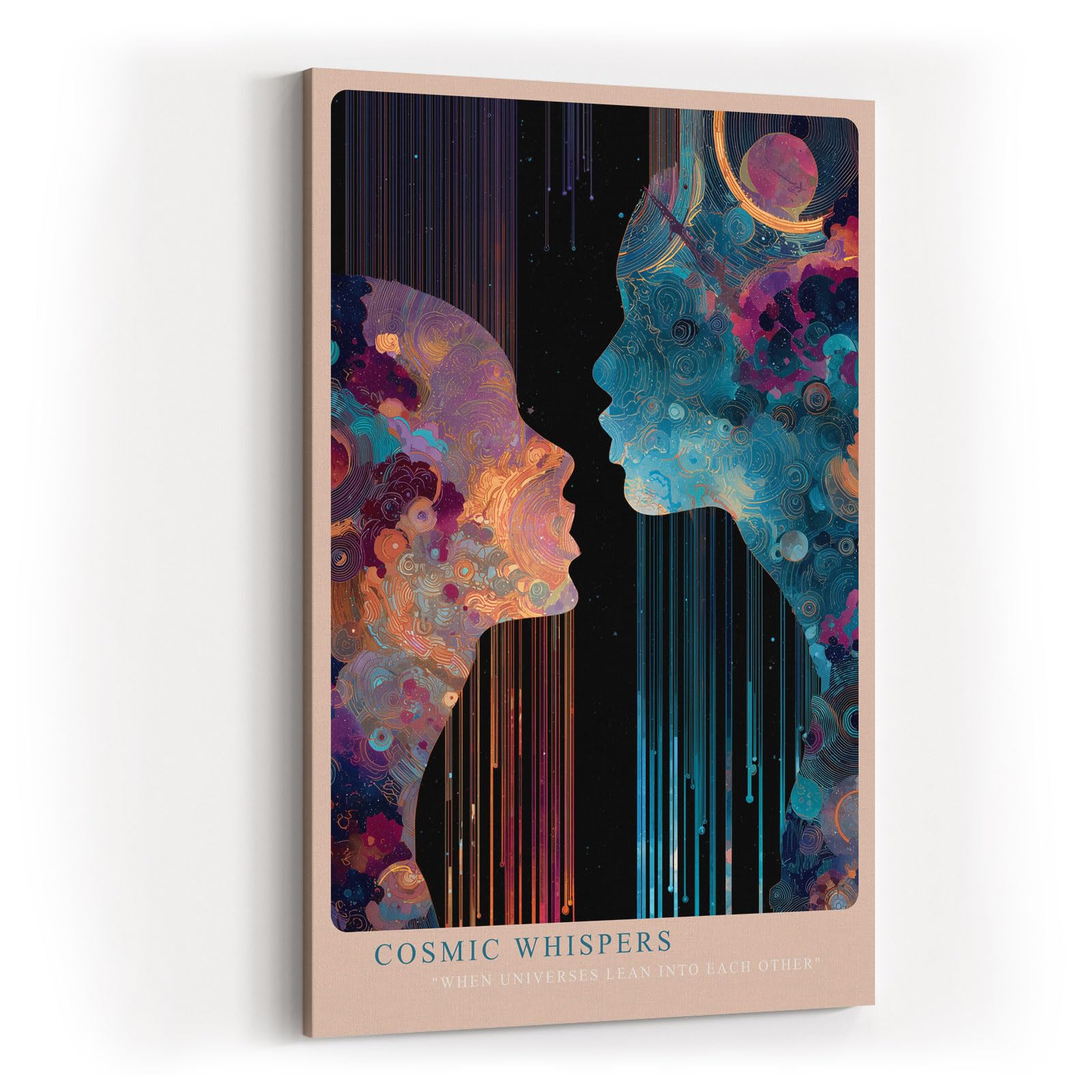 Paul Sinus Wandbild in 40x60cm Cosmic Whispers – zwei Silhouetten im Dialog aus farbenreichen, kosmischen Mustern, moderne Kunst mit Tiefe