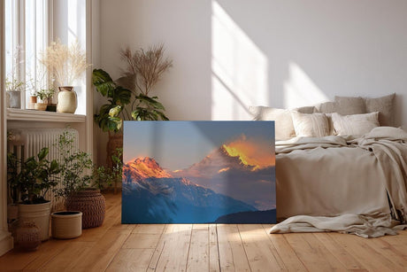 Sinus Art Wandbild 120x80cm Strahlende Bergspitzen in warmem Licht mit magischer Atmosphäre