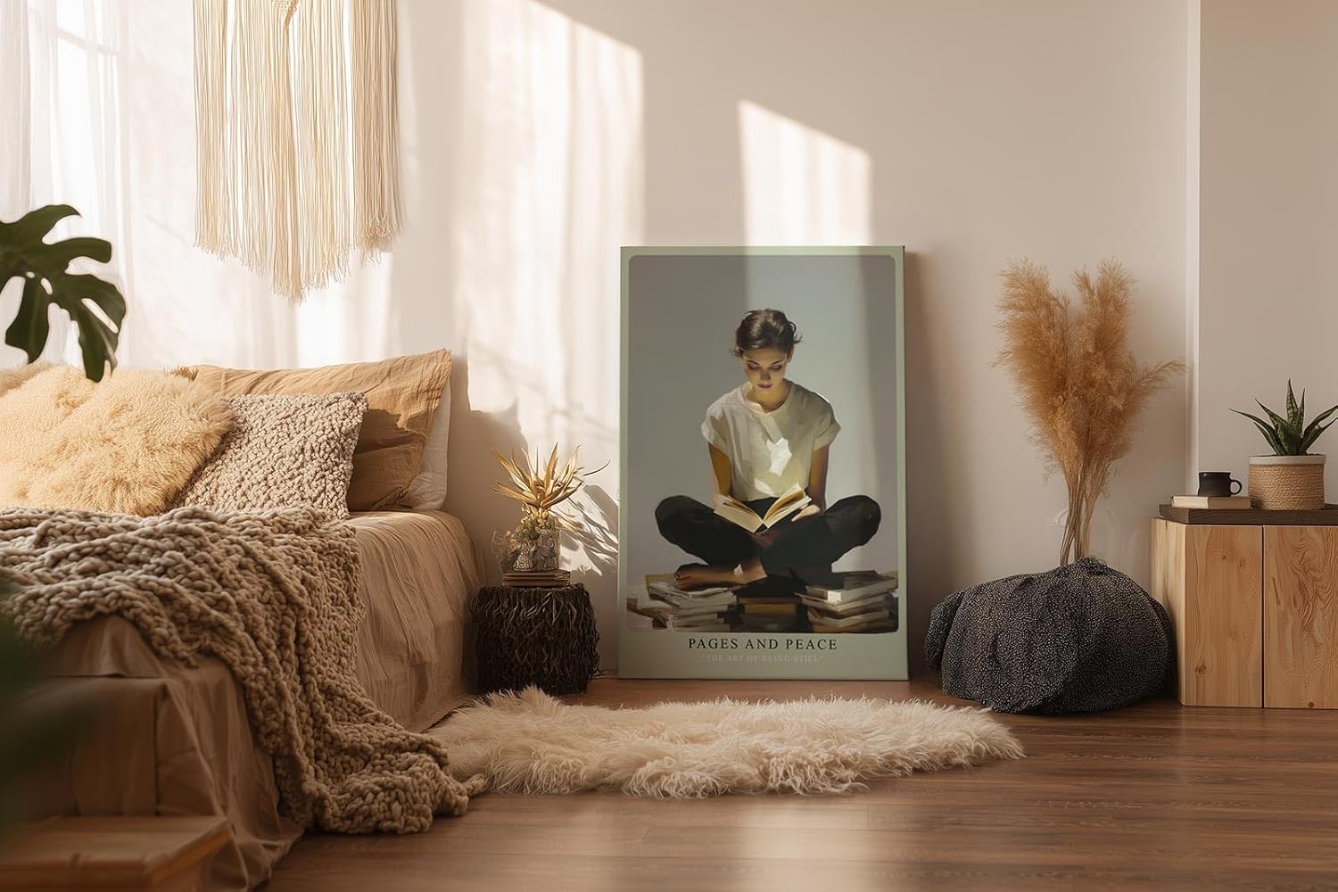 Paul Sinus Wandbild in 40x60cm Pages and Peace – Meditatives Porträt einer jungen Frau, sitzend auf Bücherstapeln im Schneidersitz und lesend, zeitgenössische Bilder in harmonischer Farbgebung