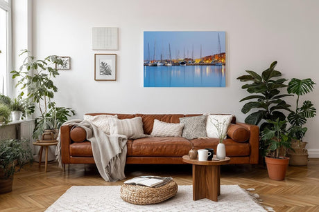 Sinus Art Wandbild 120x80cm Mediterraner Jachthafen bei Abendstimmung – reflektierend, maritim und entspannend