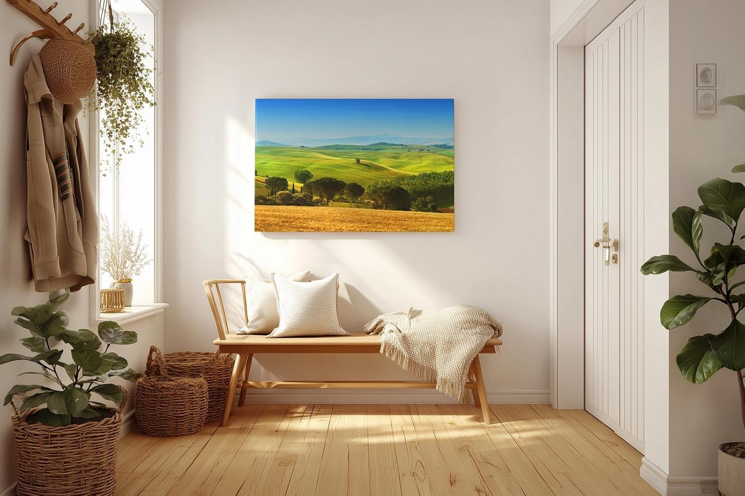 Sinus Art Wandbild 120x80cm Sanfte Hügel der Toskana mit Zypressen und Feldern unter strahlend blauem Himmel