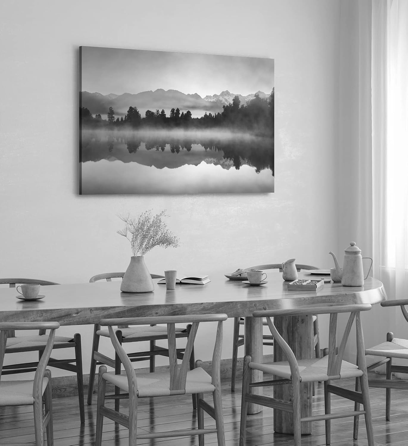 Paul Sinus Wandbild 120x80cm See Berge Landschaft Schwarz Weiß Bäume