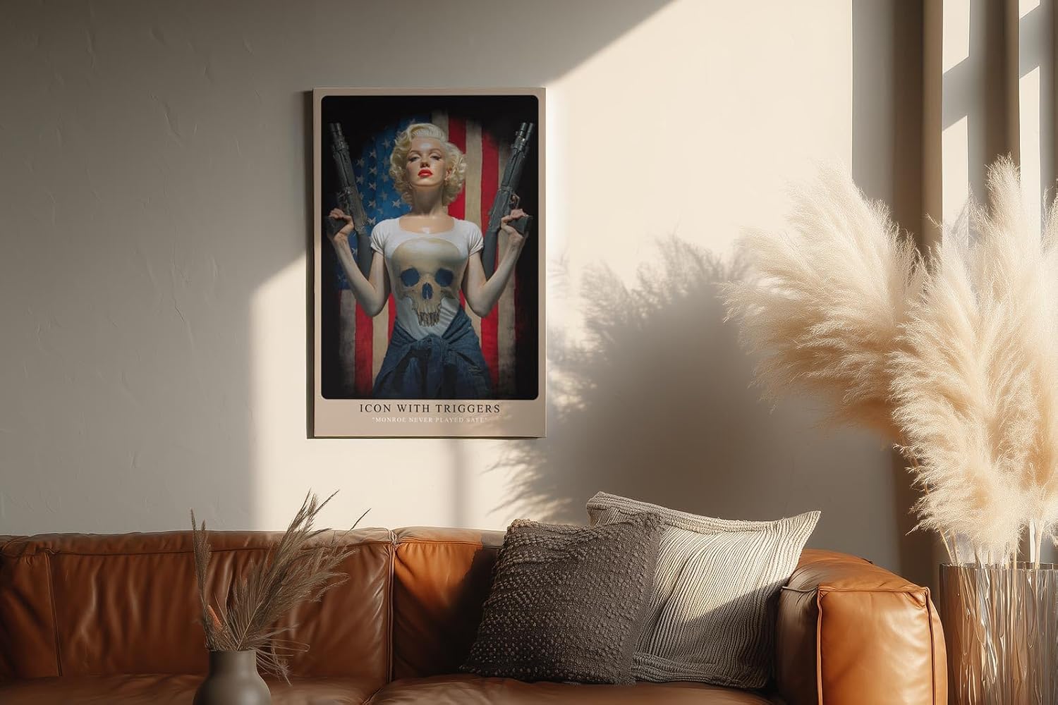 Paul Sinus Wandbild in 40x60cm Marilyn Monroe mit Gewehren vor US-Flagge – provokantes Pop-Art-Motiv mit rebellischem Glamour