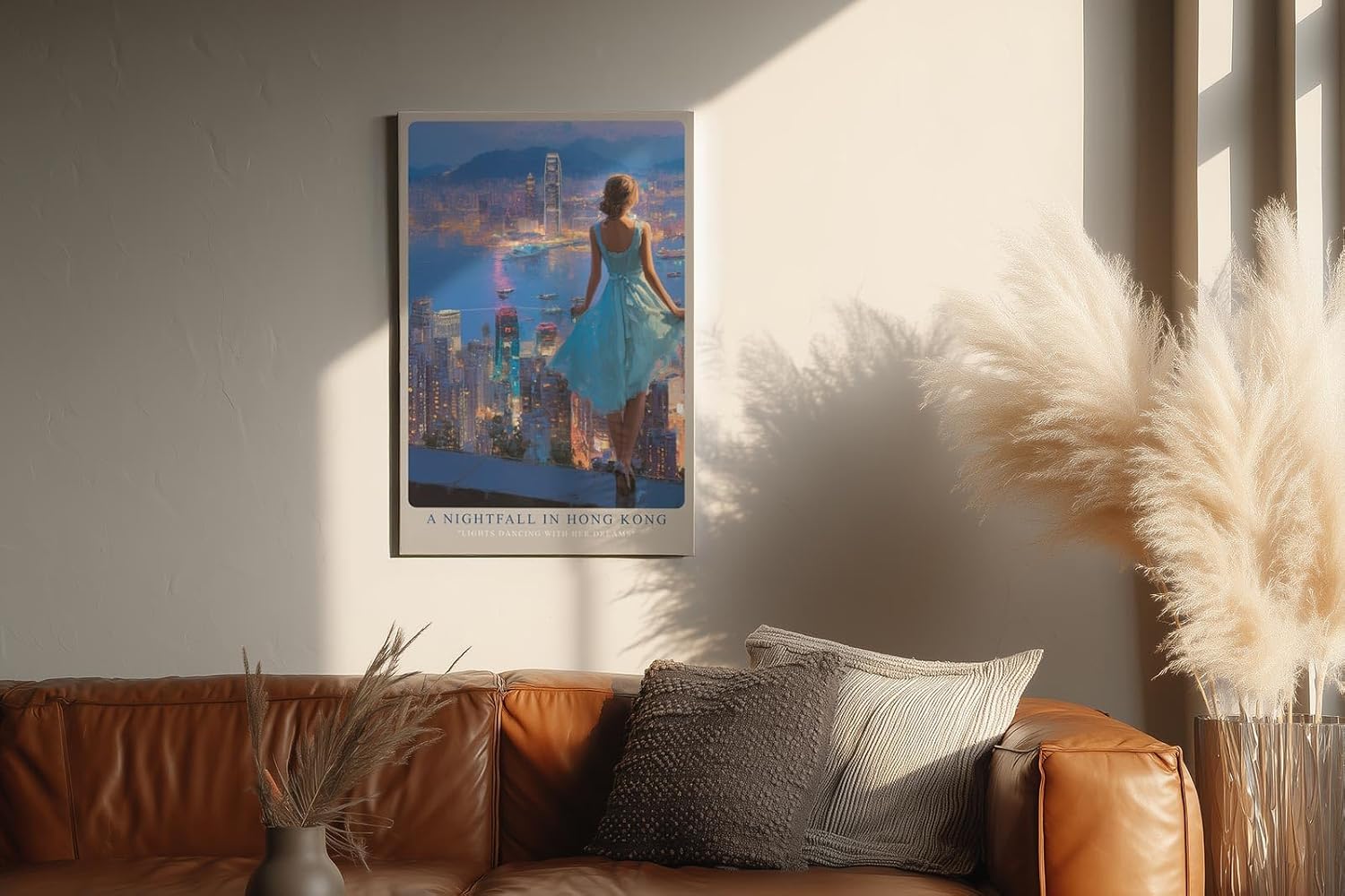 Paul Sinus Wandbild in 40x60cm A Nightfall in Hong Kong – Blick auf die funkelnde Skyline bei Nacht, elegante Frau im blauen Kleid, romantisches Stadtmotiv