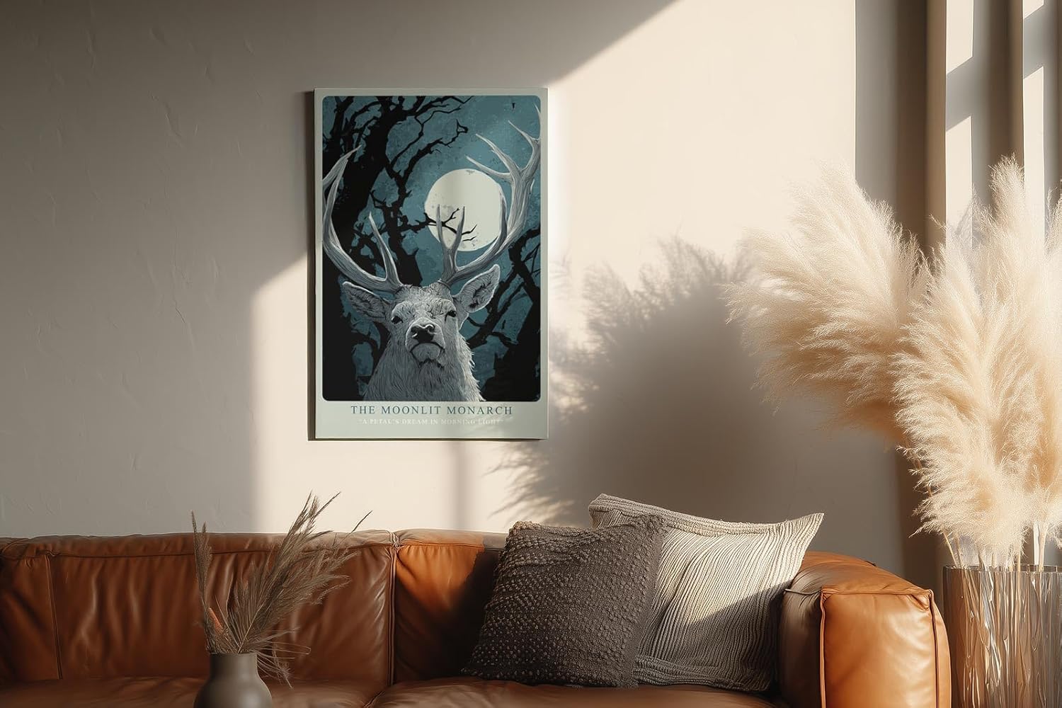 Paul Sinus Wandbild in 40x60cm The Moonlit Monarch – stolzer Hirsch unter dem Mondlicht, kunstvolle Waldillustration in tiefen Blautönen