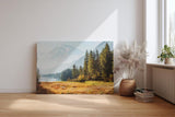 Sinus Art Wandbild 120x80cm Idyllische Szene mit Bergsee, herbstlicher Wiese und Tannenwald für naturverbundene Räume