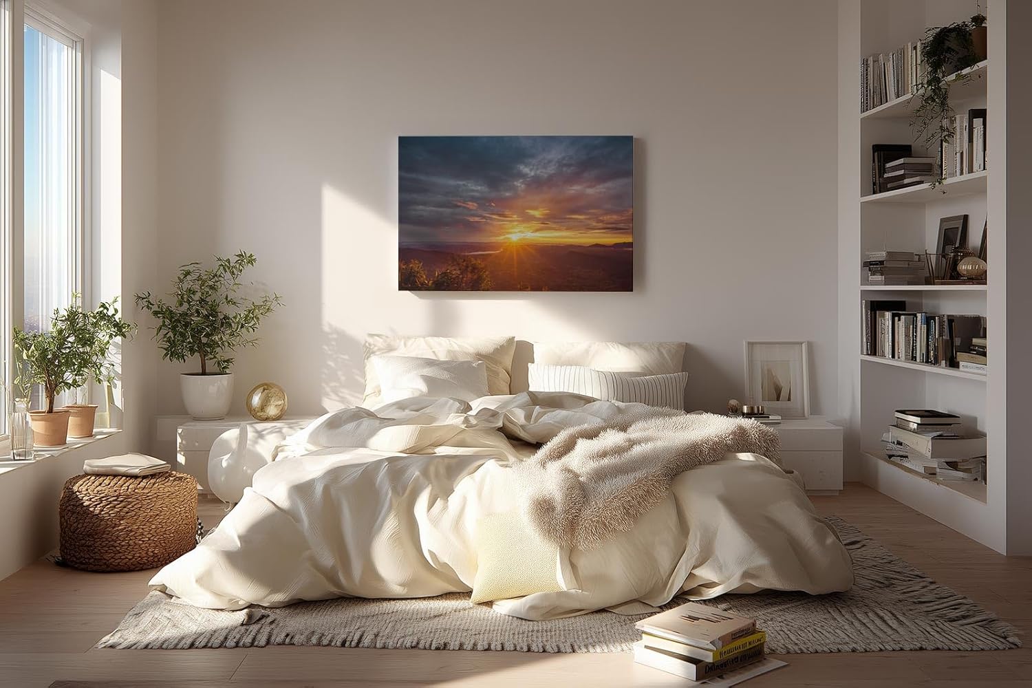 Sinus Art Wandbild 120x80cm Sonnenstrahlen brechen über eine weitläufige Hügellandschaft – beruhigend und lichtvoll