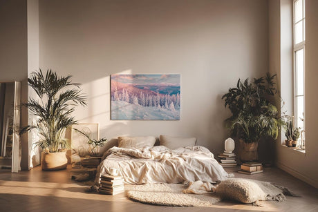 Sinus Art Wandbild 120x80cm Pastellfarbene Winterlandschaft mit verschneiten Bäumen und stiller Weite