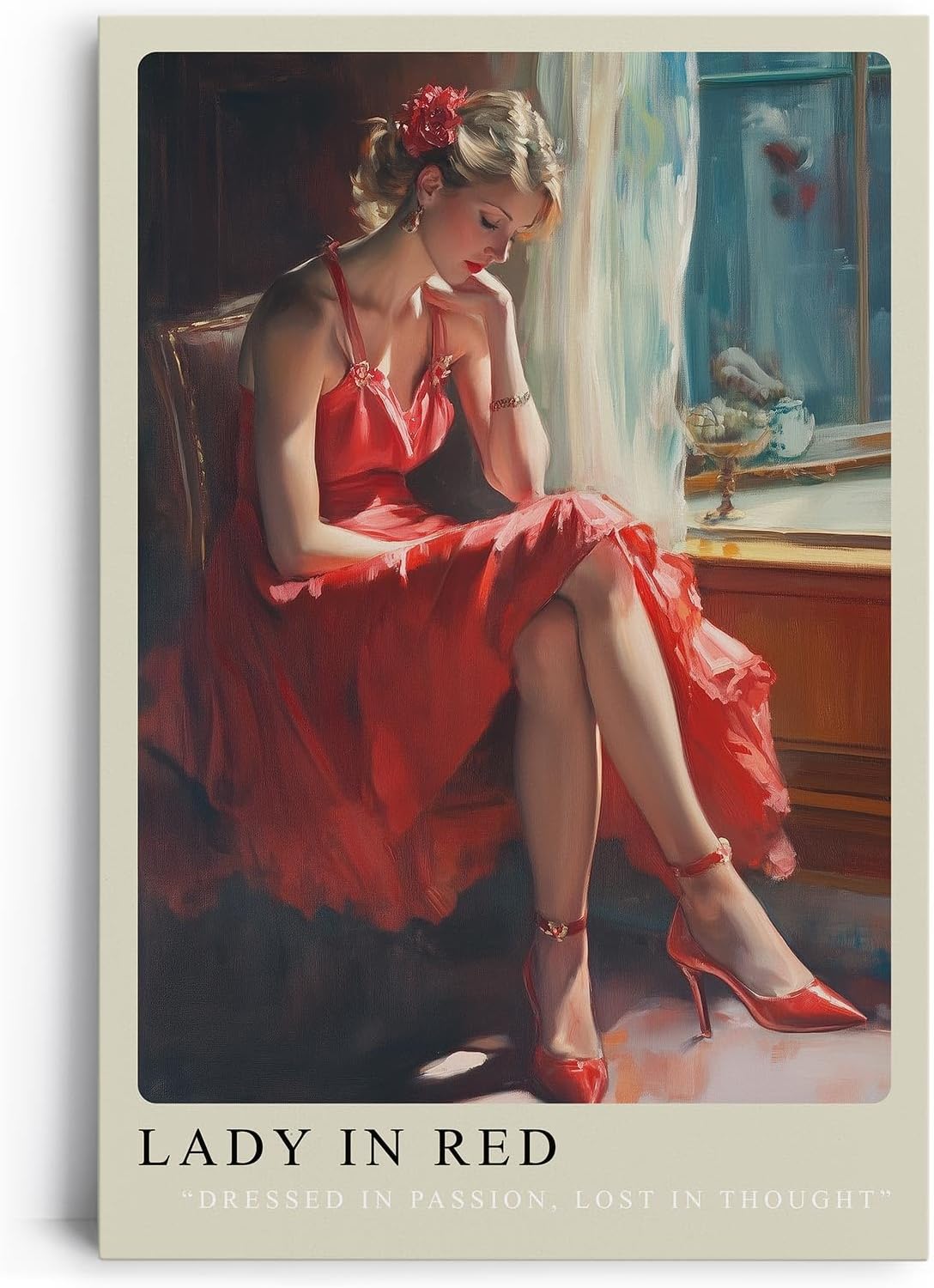 Paul Sinus Leinwandbild 60x90cm Lady in Red – Frau, Rot, Eleganz, Leidenschaft, Nostalgie, Sinnlichkeit, Vintage, Romantik, Kunst, Schönheit, Emotion
