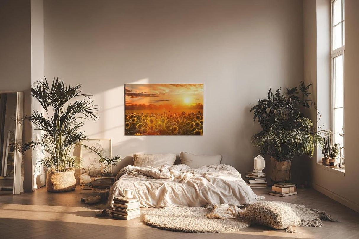 Sinus Art Wandbild 120x80cm Feld voller Sonnenblumen im goldenen Licht eines spektakulären Sonnenuntergangs