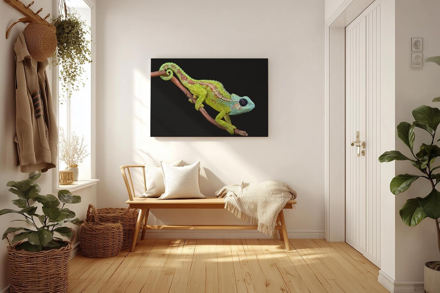Sinus Art Wandbild 120x80cm Detailliertes Chamäleon-Motiv auf dunklem Hintergrund für maximale Farbwirkung