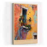 Paul Sinus Wandbild in 40x60cm The Yellow Facade – Mediterrane Balkonszene mit leuchtend gelber Fassade und verspielten Details in impressionistischem Stil
