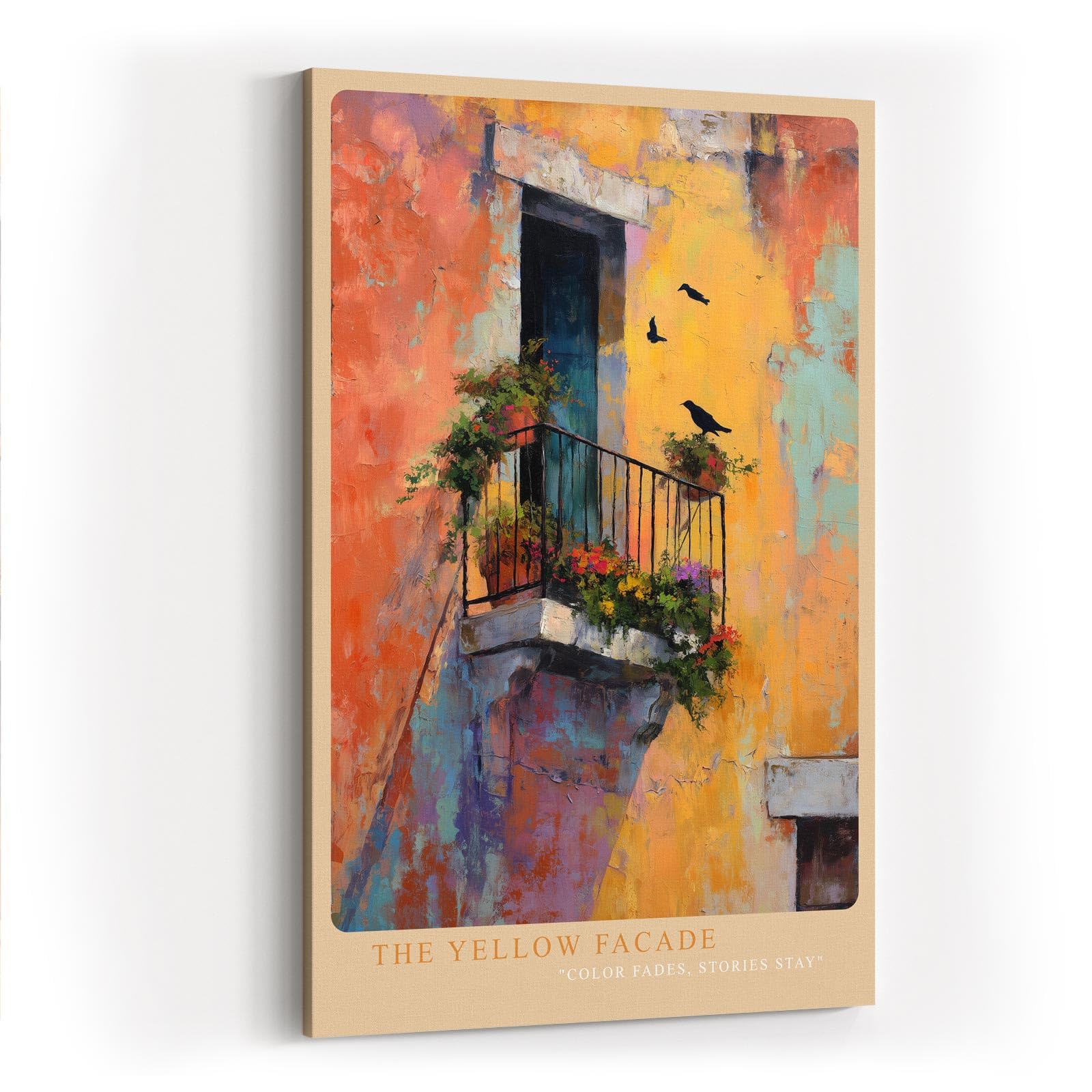 Paul Sinus Wandbild in 40x60cm The Yellow Facade – Mediterrane Balkonszene mit leuchtend gelber Fassade und verspielten Details in impressionistischem Stil