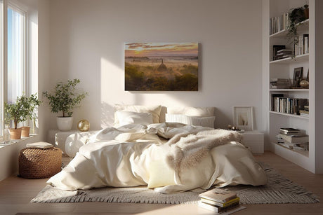 Sinus Art Wandbild 120x80cm Tempel im Morgendunst – faszinierende Komposition aus Kultur, Natur und Licht