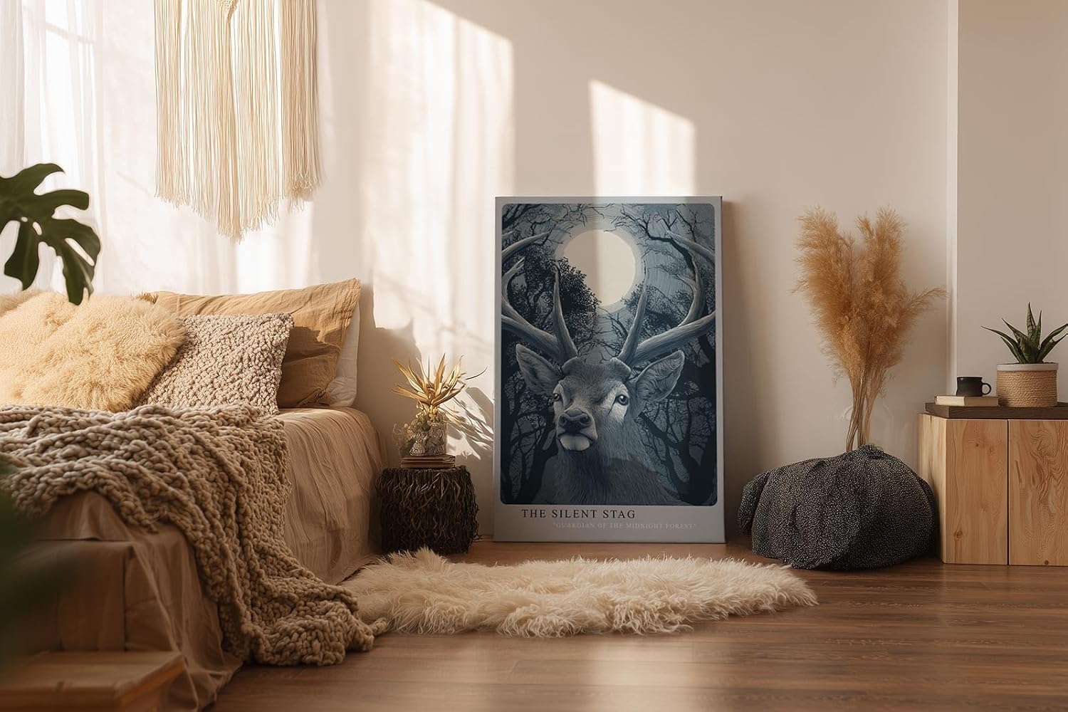 Paul Sinus Wandbild in 40x60cm The Silent Stag – majestätischer Hirsch vor Vollmond im nächtlichen Wald, detailreiche Illustration in kühlen Blautönen