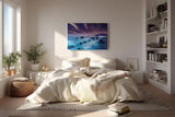 Sinus Art Wandbild 120x80cm Mystische Felsenküste bei Nacht unter violettem Himmel mit leuchtendem Wasser