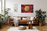 Sinus Art Wandbild 120x80cm Großaufnahme einer roten Blüte mit leuchtend gelbem Zentrum – naturstark und markant