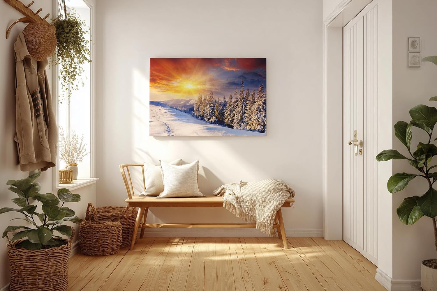 Sinus Art Wandbild 120x80cm Schneebedeckter Nadelwald im Morgenlicht – intensiv, leuchtend und ruhig zugleich