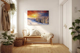 Sinus Art Wandbild 120x80cm Schneebedeckter Nadelwald im Morgenlicht – intensiv, leuchtend und ruhig zugleich