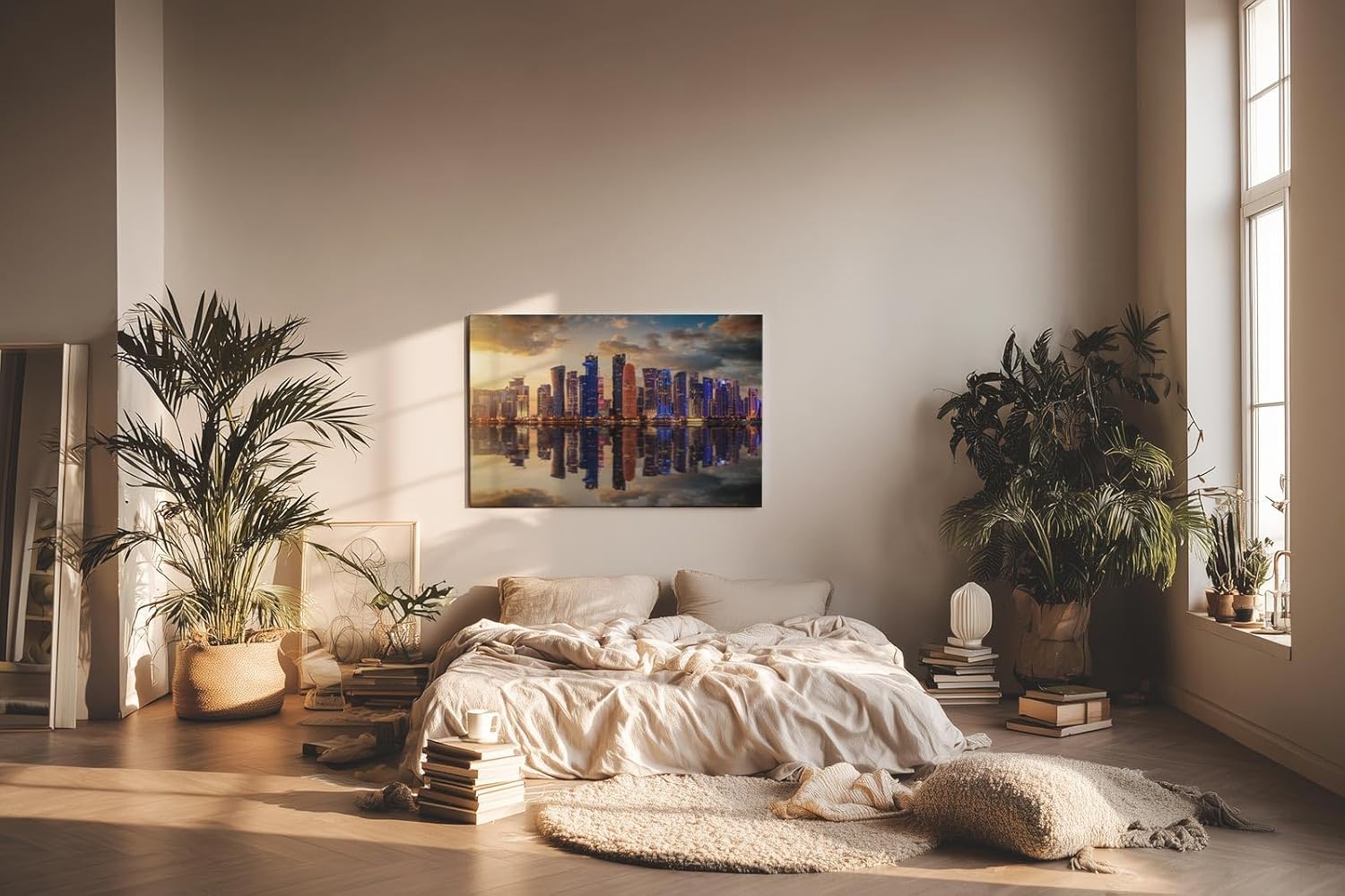 Sinus Art Wandbild 120x80cm Moderne Skyline spiegelt sich im Wasser bei untergehender Sonne – urbanes Highlight