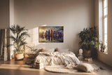 Sinus Art Wandbild 120x80cm Moderne Skyline spiegelt sich im Wasser bei untergehender Sonne – urbanes Highlight