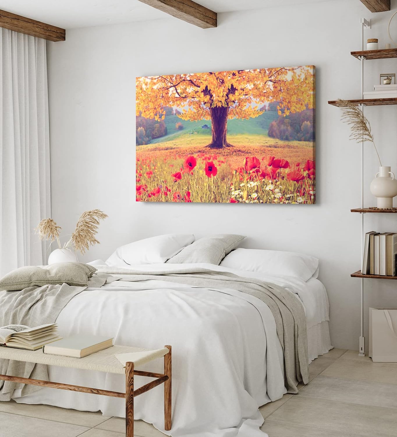 Wandbild 120x80cm Baum Eiche Rote Blumen Blüten Sommer Natur Wildblumen
