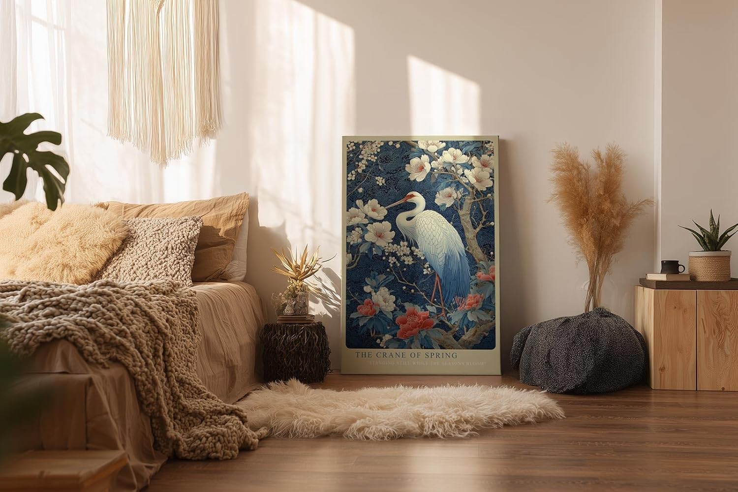 Paul Sinus Wandbild in 40x60cm The Crane of Spring mit elegantem Kranich zwischen blühenden Magnolien für harmonische Wandgestaltung