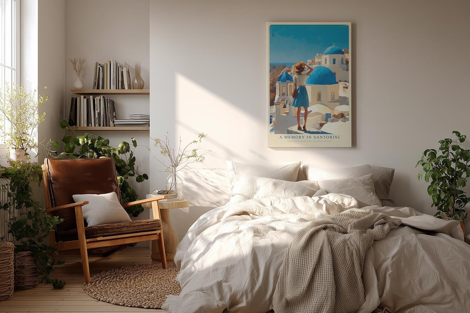Paul Sinus Wandbild in 40x60cm A Memory in Santorini – Frau in blauem Rock und Strohhut vor weißen Häusern und blauen Kuppeln, sonnige Mittelmeeridylle