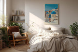 Paul Sinus Wandbild in 40x60cm A Memory in Santorini – Frau in blauem Rock und Strohhut vor weißen Häusern und blauen Kuppeln, sonnige Mittelmeeridylle