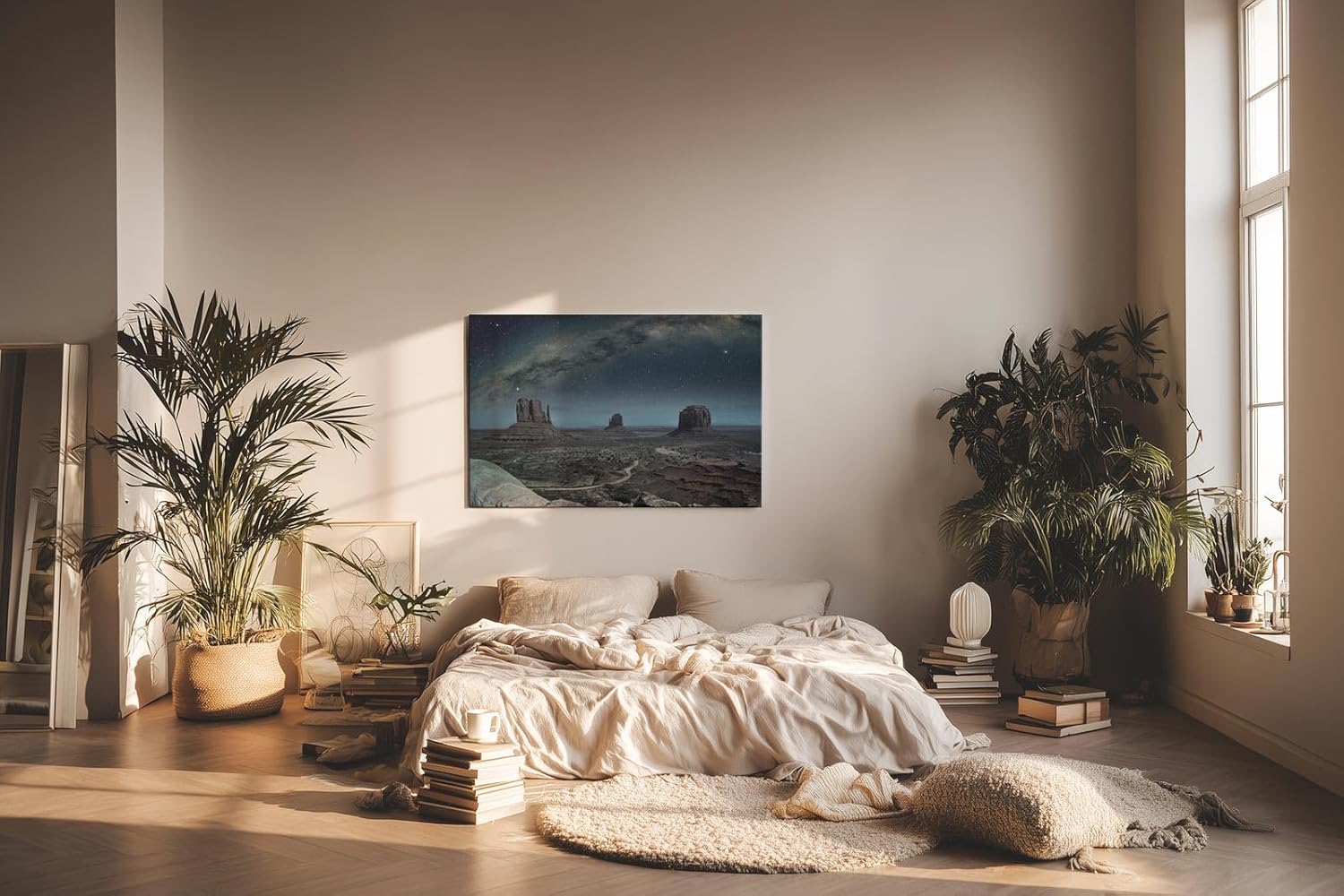 Sinus Art Wandbild 120x80cm Faszinierende Landschaft mit ikonischen Felsformationen unter der Milchstraße