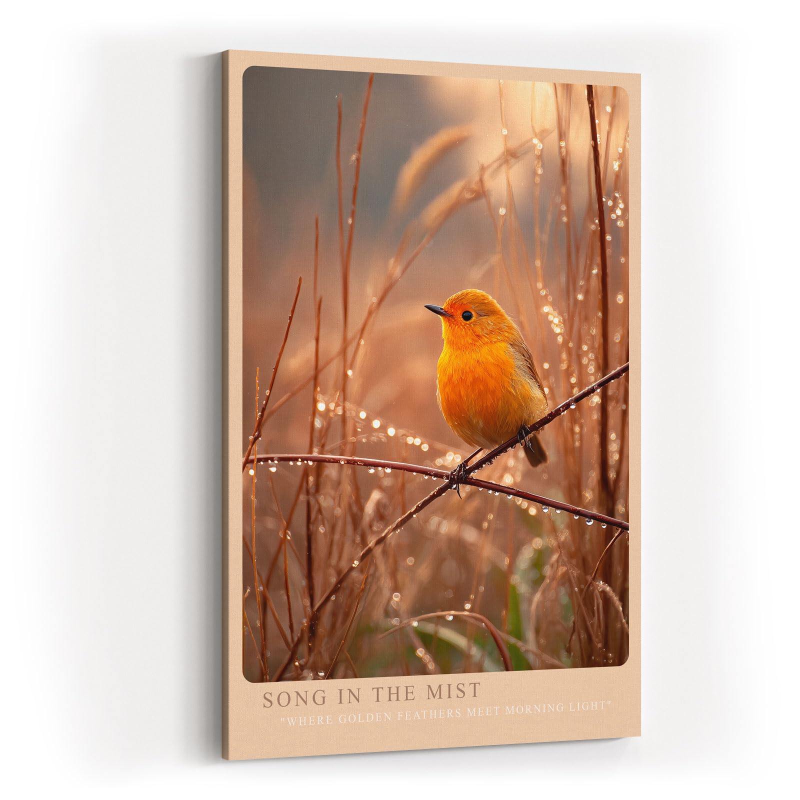 Paul Sinus Wandbild in 40x60cm Oranger Singvogel im Morgentau mit goldener Lichtstimmung
