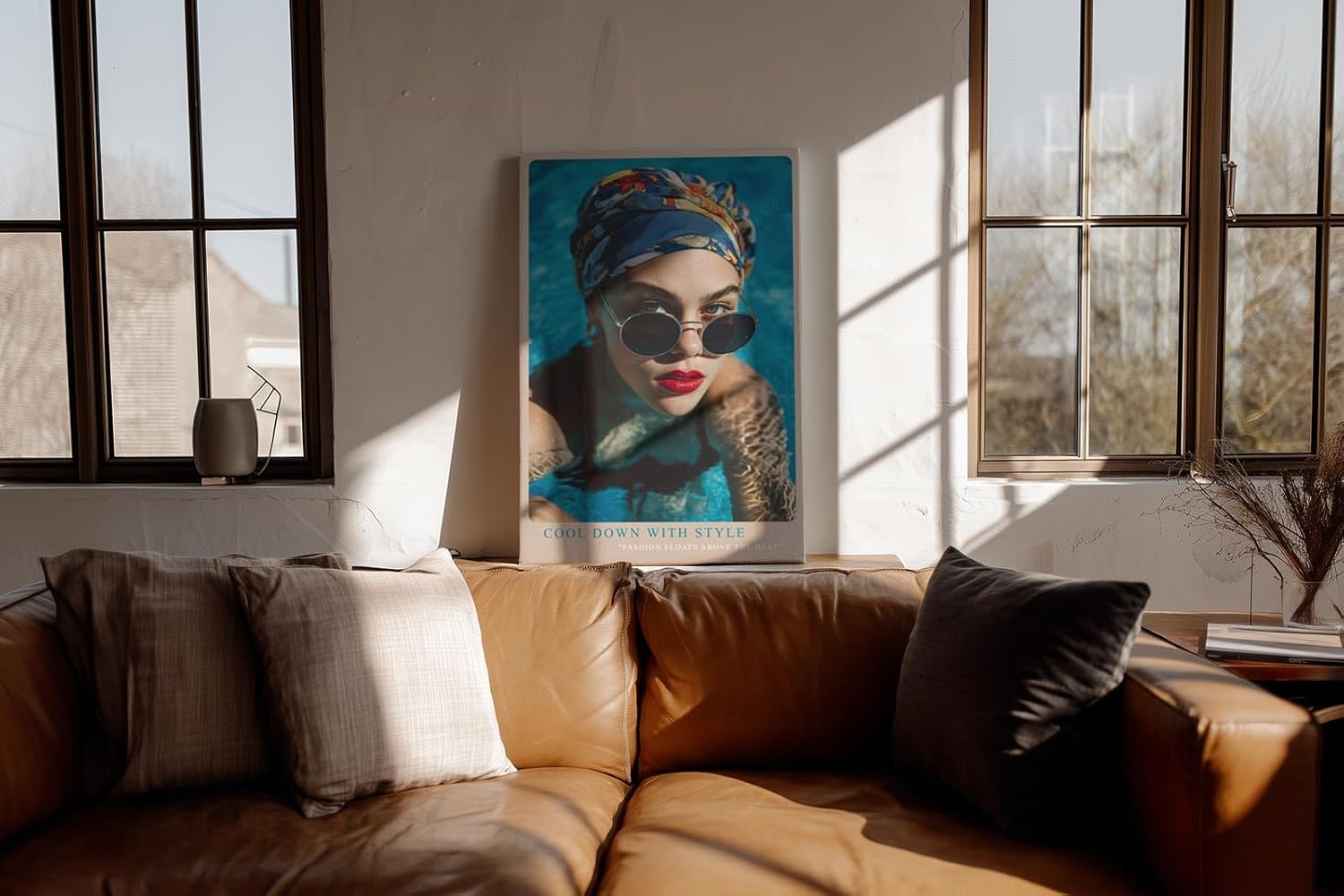 Paul Sinus Wandbild in 40x60cm Cool Down With Style Elegant Woman in Blue Headscarf and Sunglasses in Pool Water