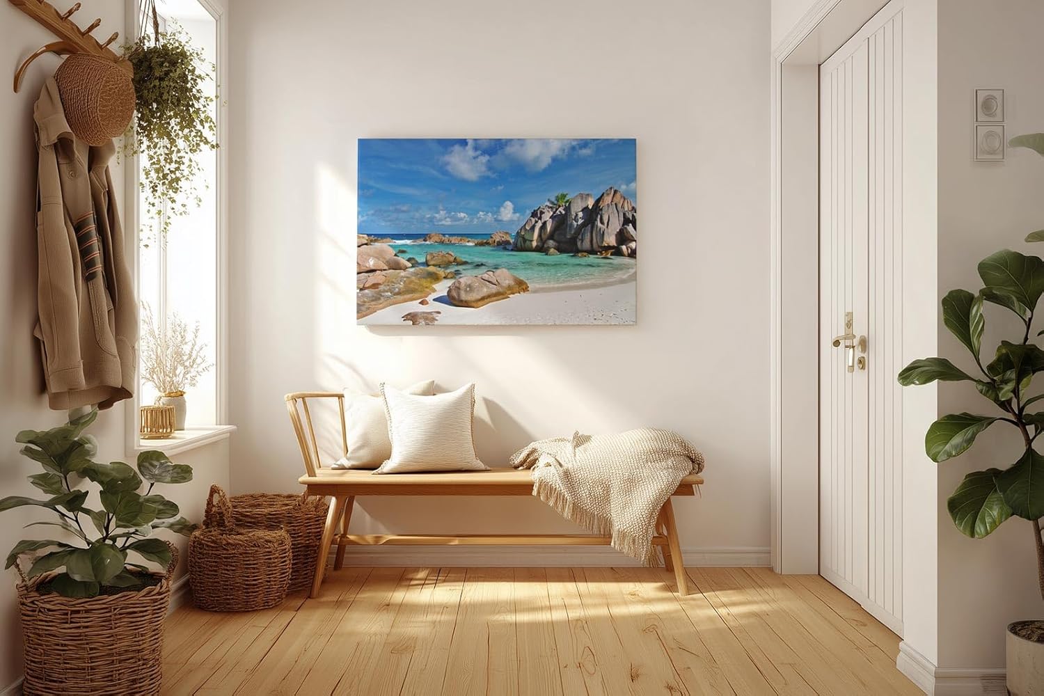 Sinus Art Wandbild 120x80cm Türkises Wasser, weißer Sand und markante Felsen – Urlaubsstimmung pur auf Leinwand