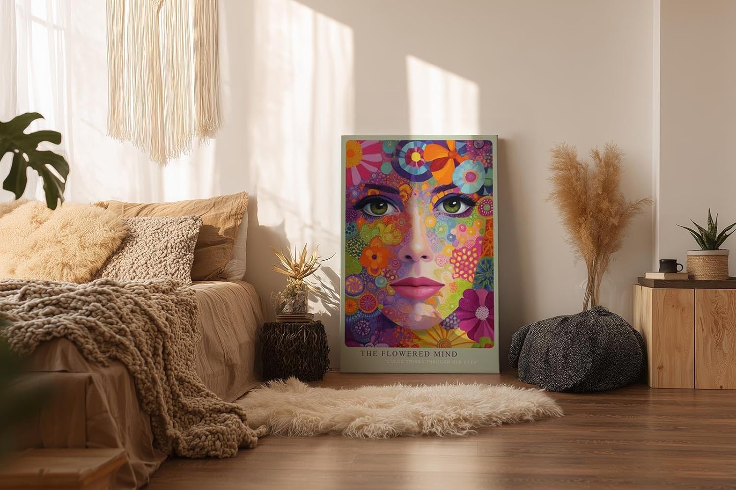 Paul Sinus Wandbild in 40x60cm The Flowered Mind Farbenprächtiges Frauenporträt mit floralen Mustern und verspielter Farbvielfalt für kreative Raumakzente