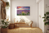 Sinus Art Wandbild 120x80cm Leuchtende Lupinen in Violett, Pink und Gelb vor einem dramatischen Abendhimmel